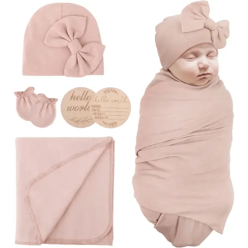 Newborn Baby Receiving Blankets Girl with Bow Hat Mittens Wooden Birth Card Set Baby Swaddles for Newborns Toddler Gift