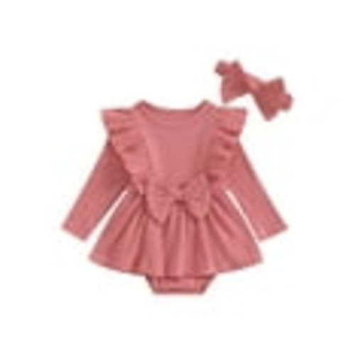 Lieserram Newborn Baby Girl Romper Dresses, 0 3 6 9 12 18 Months Long Sleeve Solid Color Crew Neck Bow A-line Skirt Bodysuit with Headband Clothes