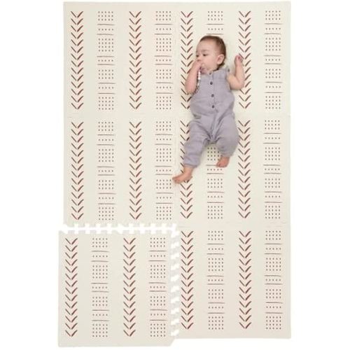 Childlike Behavior Baby Play Mat - Extra Large, Non-Toxic Foam Play Mat with Soft Interlocking Floor Tiles 72x48 Inches - Baby Floor Mat for Infants, Toddlers and Kids (X-Large, Beige Mudcloth)