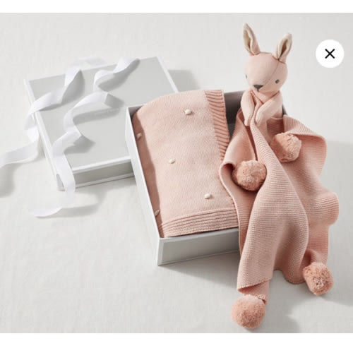 Cotton Sweater Knit Baby Blanket and Bunny Thumbie Set