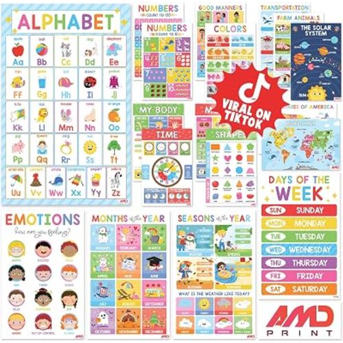 BEAWART 18 Laminated Educational Posters For Toddlers, Preschool Posters for Classroom, Kindergarten Wall Decor, PreK Learning Materials Alphabet Number Chart
