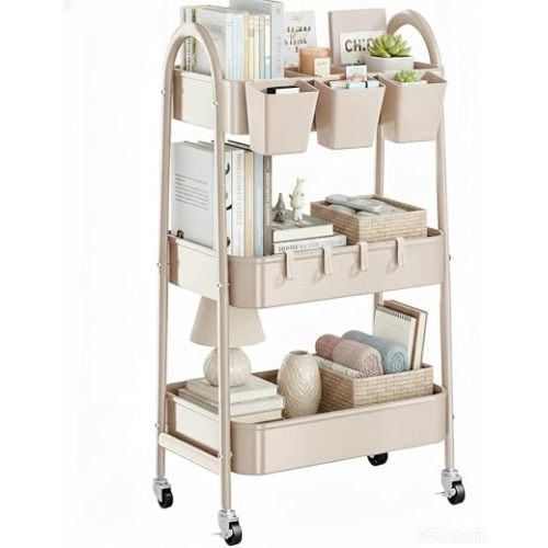 danpinera 3-Tier Rolling Cart, Utility Cart Mobile Metal Rolling Storage Cart with Lockable Wheels & Hanging Cups & Hooks for Kitchen, Bathroom, Office, Workshop, Beige
