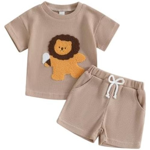Toddler Baby Boy Summer Outfit Lion Embroidered Short Sleeve T-Shirt Tops Pockets Shorts Waffle Knit Clothes Set