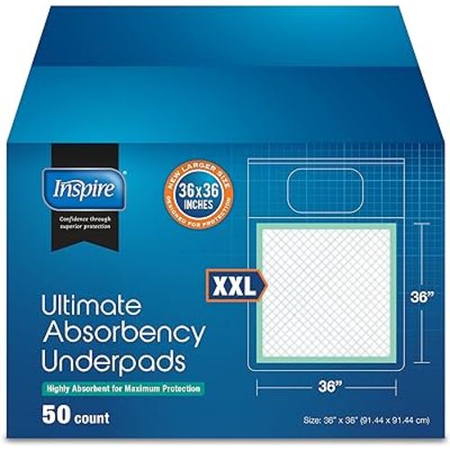 Inspire Super and Ultra Absorbent Disposable Bed Pads (36" X 36" Pack of 50)