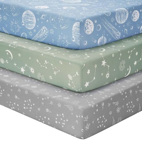 Baby Crib Sheets for Boys Girls, Fitted Crib Sheet Neutral 3 Pack for Standard Crib and Toddler Mattress, Breathable Soft Microfiber Baby Sheet 28x52x8in Green Gray Constellation
