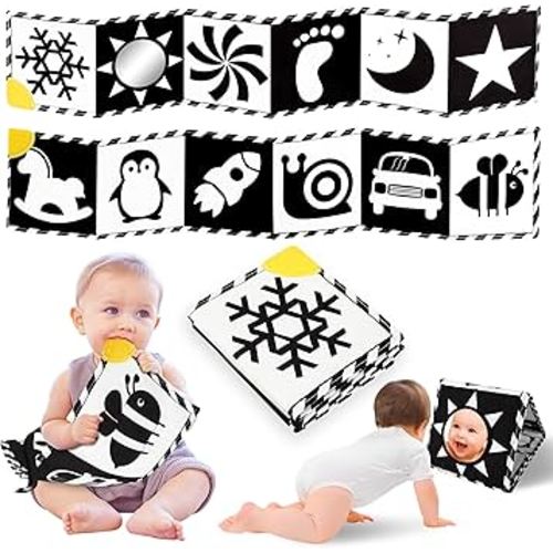 Newborn Toys, High Contrast Baby Books with Teether, Black and White Baby Toys, Montessori Toys 0-6-12 Months Brain Development, Sensory Learning Activities Gift, Tummy Time Toys