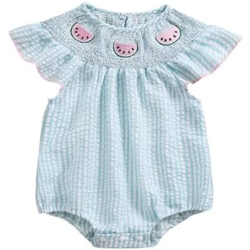 Smocked Baby Girl Clothes Watermelon Fruit Stripe Print Puff Sleeve Bubble Romper Frill Trim Ruffle Bodysuit Clothes