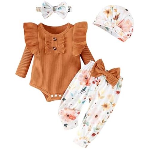 Baby Girl Clothes Infant Newborn Outfits Romper Pants Cute Bow Headband Hat Sets for Baby Girls (0-3-6-12-18 Months)