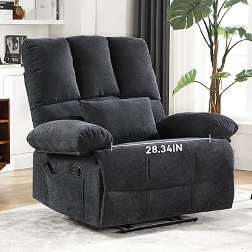 Oversized Recliner Chair 350 lb Weight Capacity, Plus Size 28 inch Large Wide Seat Manual Comfortable Fabric Recliner for Adults Living Room with Pockets Massage Pillow (6008-Grey7)