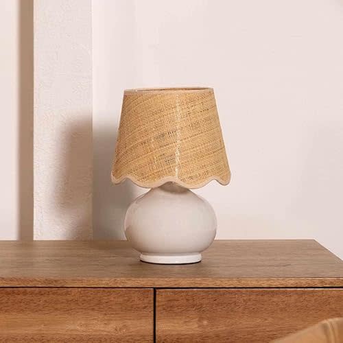 Theisseil Boho Ceramic Bedside Table Lamp for Bedroom Nightstand and Living Room - Shade Rattan - White, Beige - 13" H