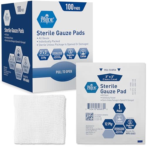 MED PRIDE 3x3 Sterile Medium Gauze Pads Individually Wrapped, 12-Ply Absorbent Non-Stick Cotton for Painless Wound Care (Pack of 100)