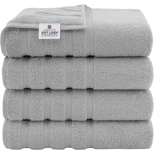 American Soft Linen Luxury 4 Piece Bath Towel Set, 100% Cotton Turkish Bath Towels for Bathroom, 27x54 in Large Bathroom Shower Towels, Light Grey Bath Towels