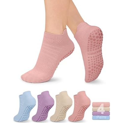 yeuG Pilates Socks for Women Non Slip Grip Socks for Yoga, Barre, Hospital, Barefoot Grippy Yoga Sock Womens Gifts 4 Pairs