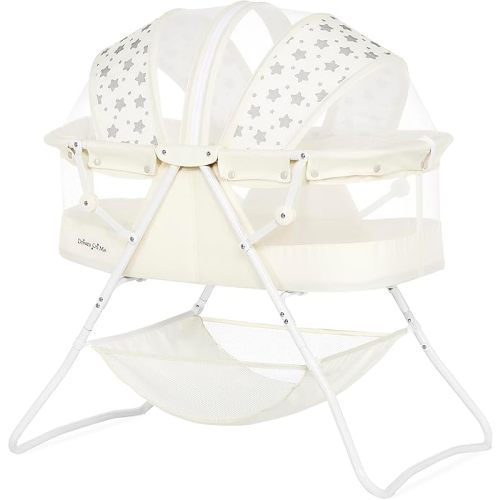 Dream On Me Karley Portable Newborn Bassinet with Double Mesh Canopy, Foldable Travel Bassinet with Storage Basket, Lightweight, Indoor Outdoor Use, French White