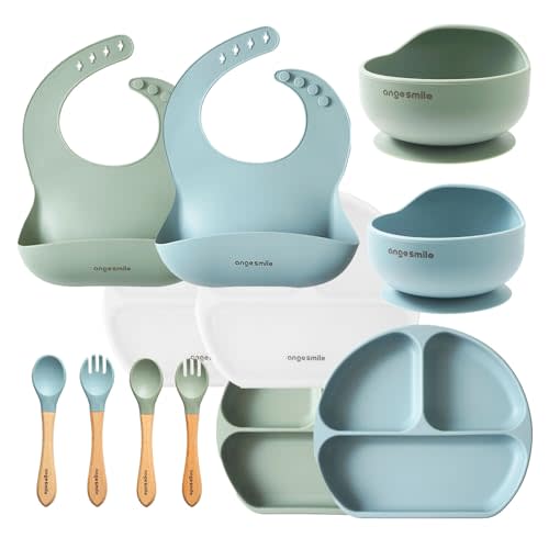 Baby Feeding Essentials Silicone 12 Set Bib, Bowl, Suction Plate, Spoon, Fork Independent Eating Utensils for 6+ Months Kids Toddler Kawaii Microwave and Dishwasher Friendly Sage Green & Blue