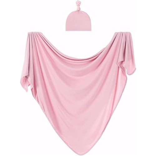 Receiving Blankets for Baby Girls Swaddle Blanket with Headband Set for 0-3 Month Cotton Knitted Newborn Swaddle Wrap Perfect Shower Gift (Light Pink- 120cm / 47 inch)