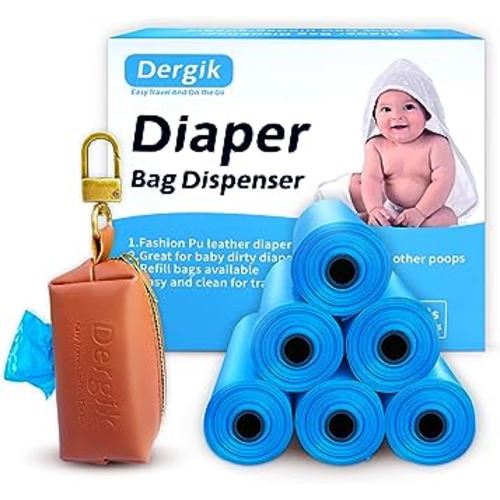 LEATHER Diaper Bag Dispenser | 105 Disposable Diaper Sacks (7 Pack Diaper Bags Refills) for Baby and Toddler Poop or Dirty Clothes | Portable Travel Essential and On the Go, Brown