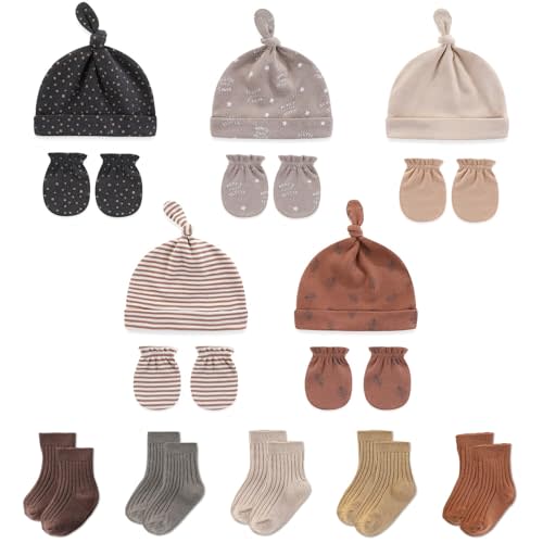 falianni Baby Boy Girl Cotton Hat Mitten Sock Set 15 Pack Infant Essential Accessories for 0-6 Months