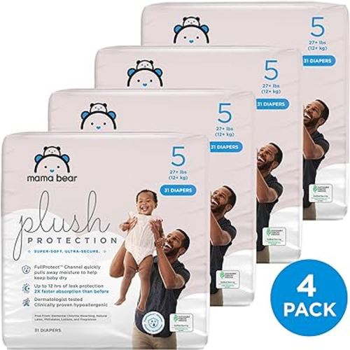 Amazon Brand - Mama Bear Plush Protection Diapers, Hypoallergenic, Size 5, 124 Count (4 Packs of 31), White and Cloud Dreams
