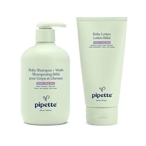 Pipette Vanilla + Ylang Ylang Baby Shampoo + Wash and Baby Lotion Duo, Clean, Tear-Free Bath Time, Sulfate-Free, Paraben-Free, Silicone-Free, Sensitive Skin, Hypoallergenic, Non-Toxic