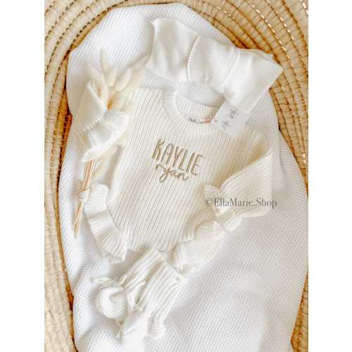 Embroidered name baby romper, newborn girl coming home knit ruffle outfit, custom chunky knit ribbed bodysuit, personalized baby shower gift