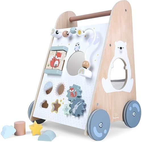 Wooden Baby Push Walker - Wooden Baby Walker Push Toy with Easy Grip Handle - Educational Toddler Walking Toy with Wheels - Learning Activity Infant Walkers with Built-In Toys for Boy, Girl