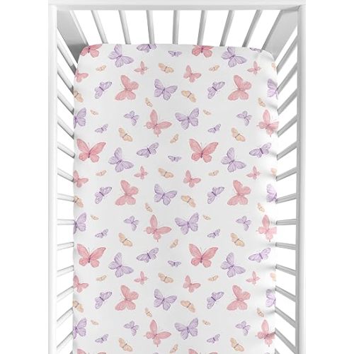 Sweet Jojo Designs Pink and Purple Shabby Chic Butterfly Girl Baby Fitted Crib Sheet Infant Newborn Nursery Toddler Bed Standard Mattress Blush Yellow Lavender Colorful Pastel Lilac Watercolor Pattern