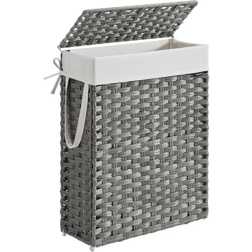 SONGMICS Slim Laundry Hamper with Lid, 14.5 Gallon (55L) Rattan Clothes Laundry Basket with Lid and Handles, Foldable, Removable Liner, Dove Gray ULCB164G01