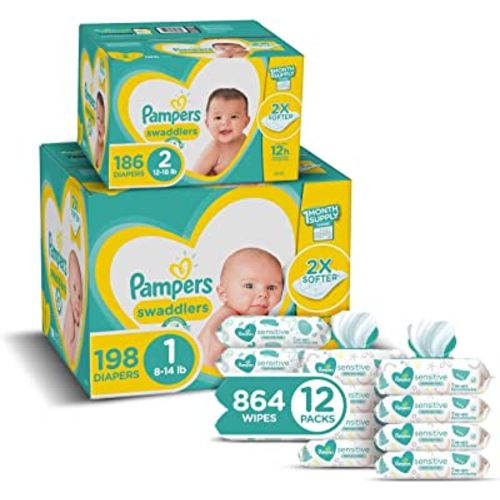 Pampers Baby Diapers and Wipes Starter Kit (2 Month Supply) - Swaddlers Disposable Baby Diapers Sizes 1 (198 Count) & 2, (186 Count) with Sensitive Water-Based Baby Wipes, 1 Count (Pack of 1)