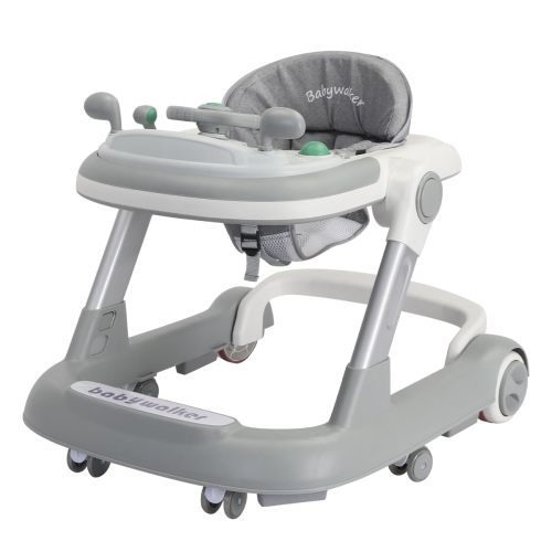 Ubravoo 2 in 1 Baby Walker, Toddler Baby Push Walker with Removable Feeding Tray and Music Tray(Without Battery), Foldable Activity Walker for 6-18 Months Boys and Girls (Gray)