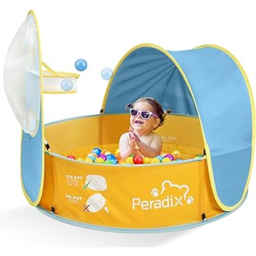 Peradix Paddling Pool for Kids & Pets, Kids Ball Pit Tent 3 in 1, Pop Up Wading Pool Tent with UV Protection Sunshade Canopy Basketball Hoop, Portable Beach Backyard Toys for Indoor Outdoor Activity