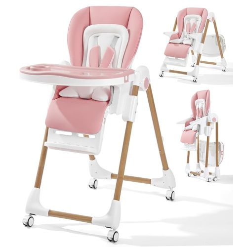 Mallify Foldable High Chairs for Babies and Toddlers, 3-in-1 Convertible Baby High Chair with Removable Soft Cushion and Tray, Adjustable Height & Recline, Lockable Wheels, Pink