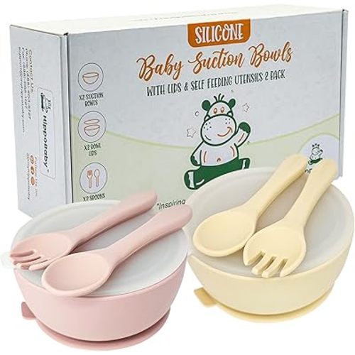 6 Piece Baby Bowls With Suction and Lids | Toddler Bowl Set with 2 Bowls, 2 Baby Spoons, 2 baby Forks, Baby Feeding Essentials (Cream/Rose Quartz)