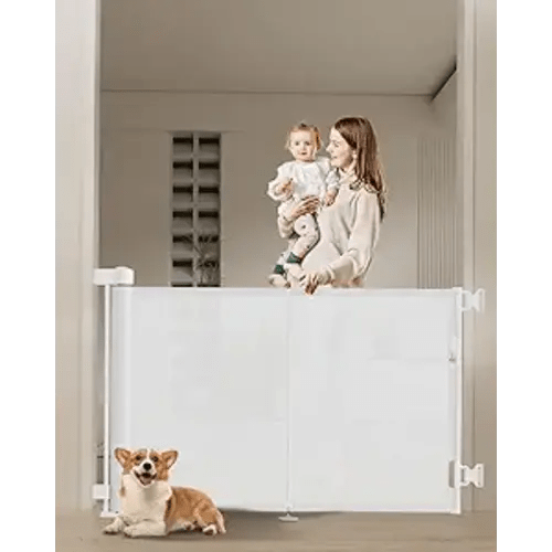 Miumoon 59 inch Retractable Baby Gates 34 inch Tall, Retractable Gate with Reinforced Strip Design to Prevent Crawling Through, 5 FT Retractable Dog Gate for Stairs, Doorways, Hallways, Indoor/Outdoor