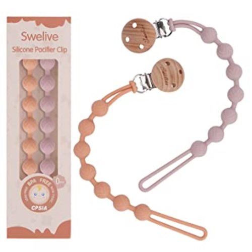 Swelive Silicone Pacifier Clip, 2 Pack Pacifier Holder Clips, Soft Flexible Pacifier Strap, Binky Clips for Baby Boys and Girls, High-Toughness/Durable, BPA Free (Apricot+Dusty Lilac, Round) - Apricot+Dusty lilac