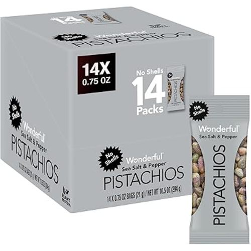 Wonderful Pistachios No Shells, Sea Salt & Pepper Flavored Nuts, 0.75 Ounce Bag (Pack of 14), Protein Snacks, Gluten Free, Bulk, On-the-Go, Individually Wrapped Healthy Snacks