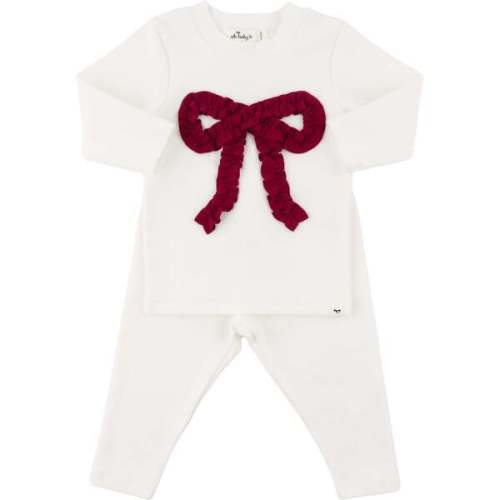 Ruffle Knit Vintage Red Bow Appl L/S 2pc Set, Cream - Oh Baby! | Maisonette