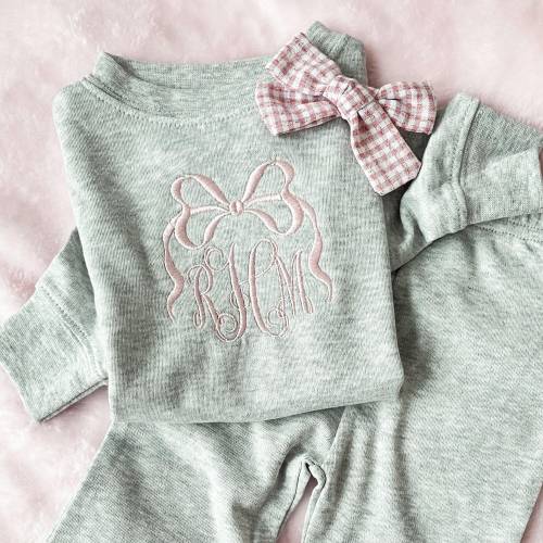 Embroidered Bow Monogram Leighton Baby Flare Set | 2-Piece Set for Babies | Baby Girl Gift | New Baby | Christmas Gift | Coquette | LGBFSBM1