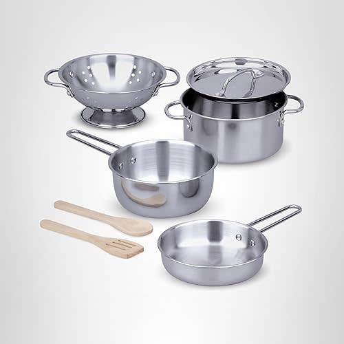 Melissa & Doug Stainless Steel Pots & Pans, 8 Piece Play Kitchen Set, Premium Play Kitchen Accessories & Cooking Utensils, Preschool Toys for Kids 3+