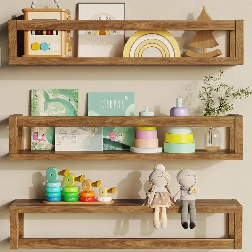 Shelves for Wall, Nursery Book Shelves 4.72 inches Wide Set of 3, Wall Mounted Bookshelf for Kids Room Decor(Walnut Brown)