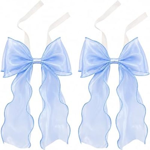 2 Pack Bow Curtain Tiebacks, French Style Silky Ribbon Curtain Holdbacks with Decorative Rope, Elegant Tie Backs for Curtains, Window Drapes, Bedroom Living Room Home Decor (Light Blue)