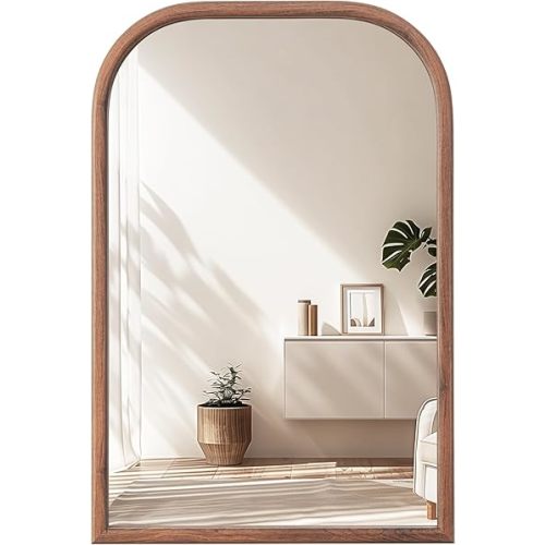 20"x30" Arch Wall Mirror Bathroom Mirror for Wall Mounted, Tempered Glass, Wood Grain Finish Frame Wall Mirror Decorative for Living Room Bedroom Entryway, Walnut