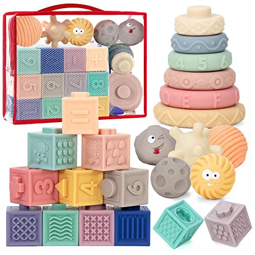 AmorBeBe 23PCS Montessori Toys for Babies,Teething Toys for Babies Months, 6 Months+, Early Educational Learning Stacking Tower, Sensory for Toddlers 1-3, Soft Rings Stacker & Teethers
