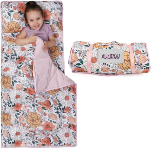 Morxy Toddler Roll-Up Nap Mat with Pillow & Blanket with Name Tag- Floral