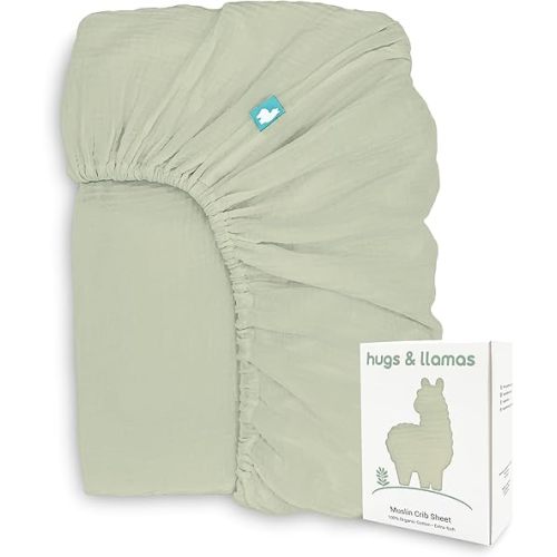 hugs & llamas | 100% Organic Cotton Muslin Fitted Crib Sheet | Baby Crib Sheets for Boys & Girls Crib Fitted Sheet | Organic Crib Sheets Girl & Boy Crib Sheets Neutral (Organic Olive)