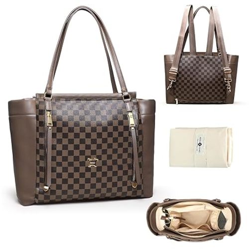 miss fong Checkered Diaper Bag Tote Leather Diaper Bag Backpack, Large Capacity Mommy Bag Hospital Bag, 12 Pockets Travel Diaper Tote with Changing Pad for Mom Plaid Tote Bag for Women-Coffee
