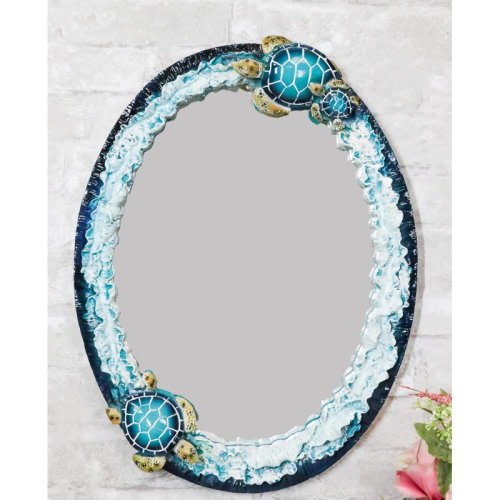 Millwood Pines 18"H Large Coastal Marine Blue Sea Turtles With Ocean Waves Wall Mirror Décor | Wayfair