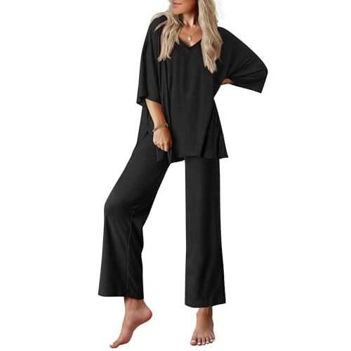 Ekouaer Lounge Sets for Women Pajamas Set Short Sleeve Tops and Long Pants Soft 2 Piece Outfits with Pockets S-XXL