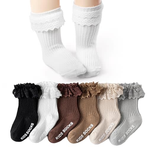 ATRIYFUL 6 Pairs Baby Girl Ruffle Socks, Cute Non Slip Grip Socks for Toddler Infant Newborn Babies Kids Princess, Indoor Soft Cotton Lace Frilly Socks, 0-12 Months