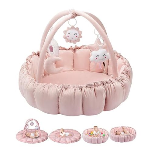 5-in-1 Convertible Baby Gym Play Mat with Hanging Toys, Soft Padded Activity Center & Ball Pit, Plush Tummy Time Mat for Newborns to Toddlers, Machine Washable, Pink